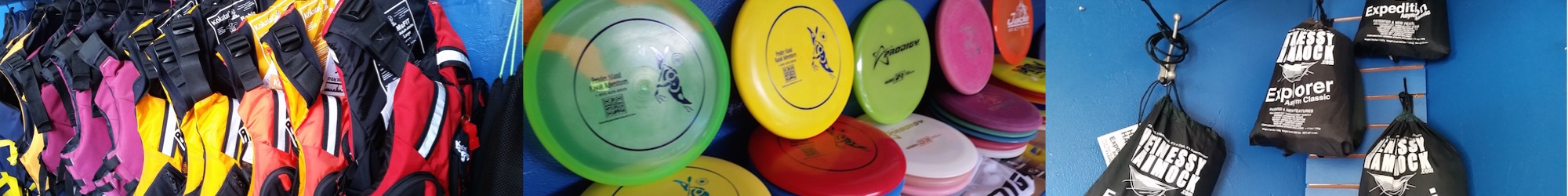 shop equipment at pender island kayak adventures disc golf life vests hammocks